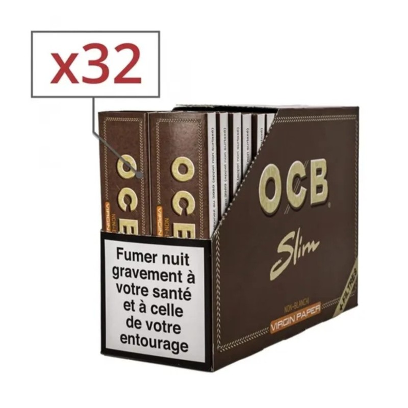 Carton de 32 paquets de feuilles rouler OCB slim brunes Virgin avec filtres